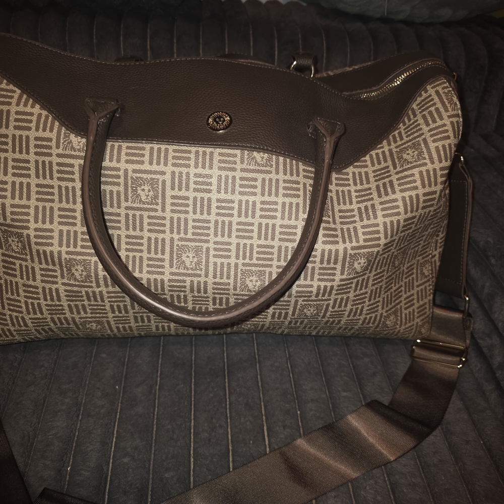 Anne Klein Brown Patterned Travel Duffel with Dark Brown Trim